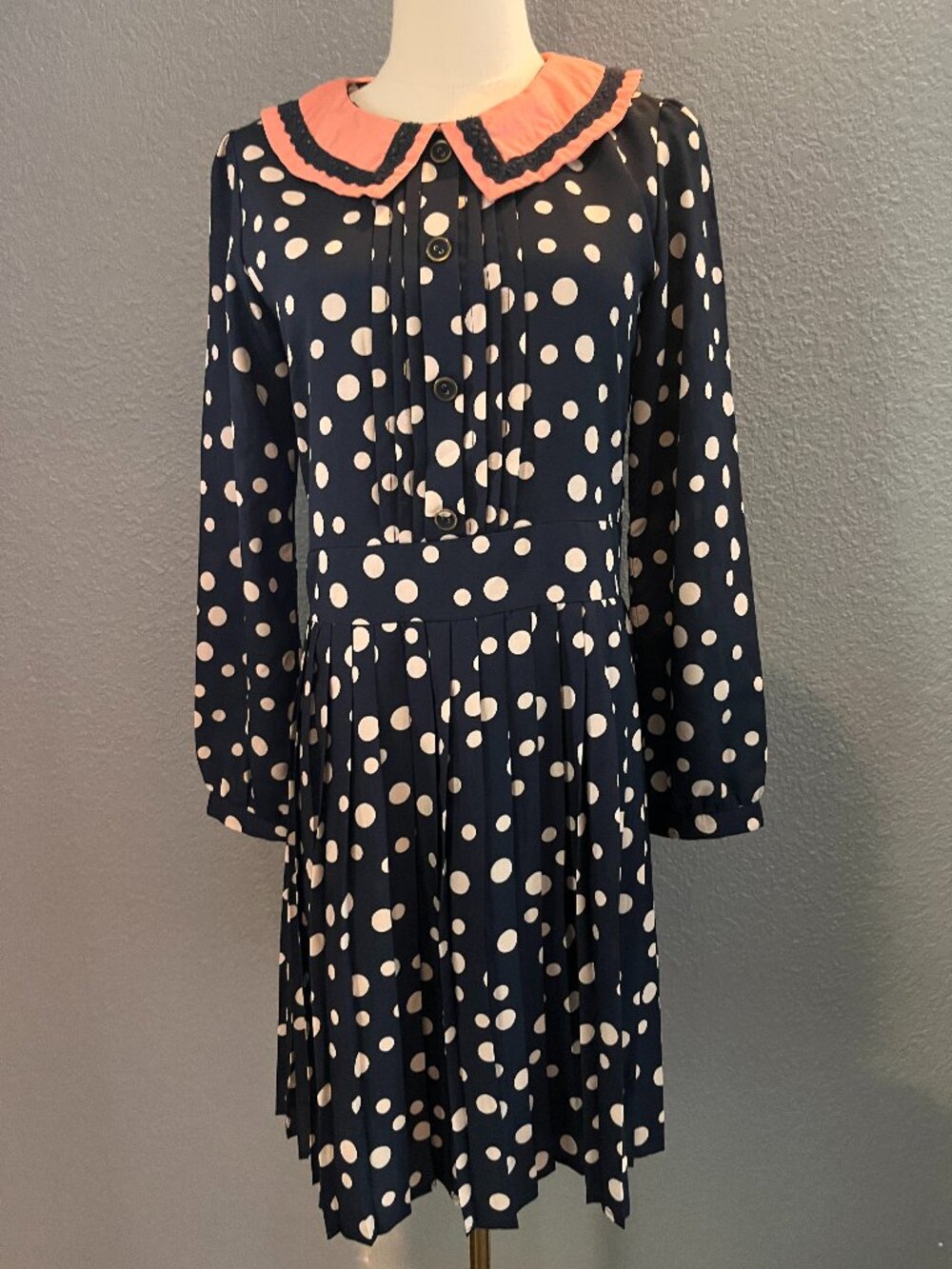 Japanese Apuweiser-riche Navy Polka Dot Pleated Dress Peter Pan Collar Size F